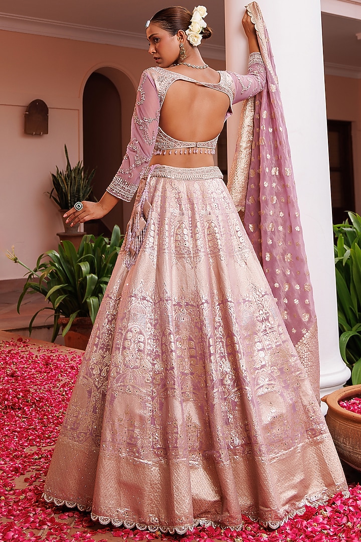 Lilac Tissue Mirror Hand Embroidered Wedding Lehenga Set by MeenaGurnam at Pernia's Pop Up Shop