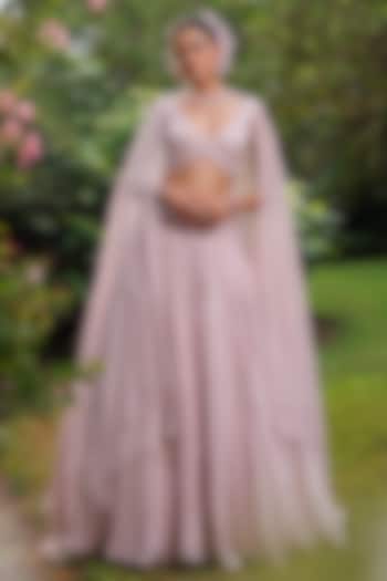 Lilac Organza Silver Stone Embroidered Wedding Lehenga Set by MeenaGurnam at Pernia's Pop Up Shop
