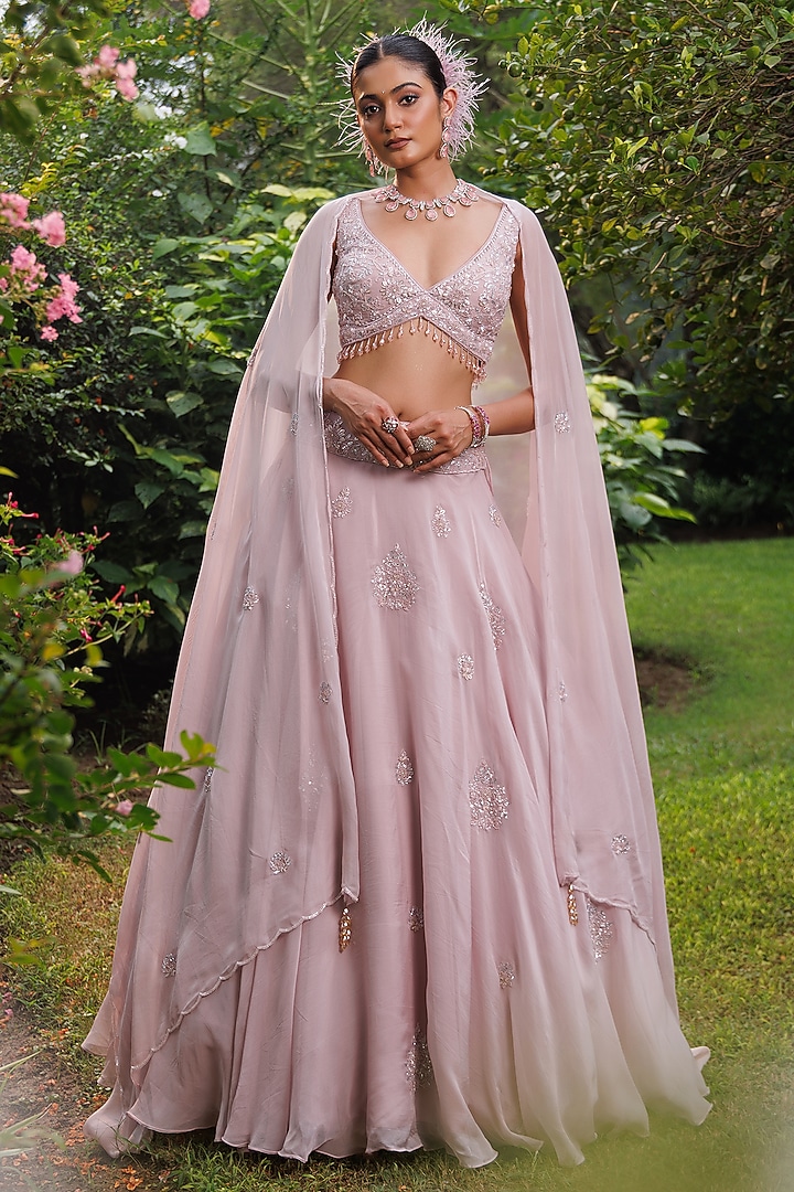 Lilac Organza Silver Stone Embroidered Wedding Lehenga Set by MeenaGurnam at Pernia's Pop Up Shop