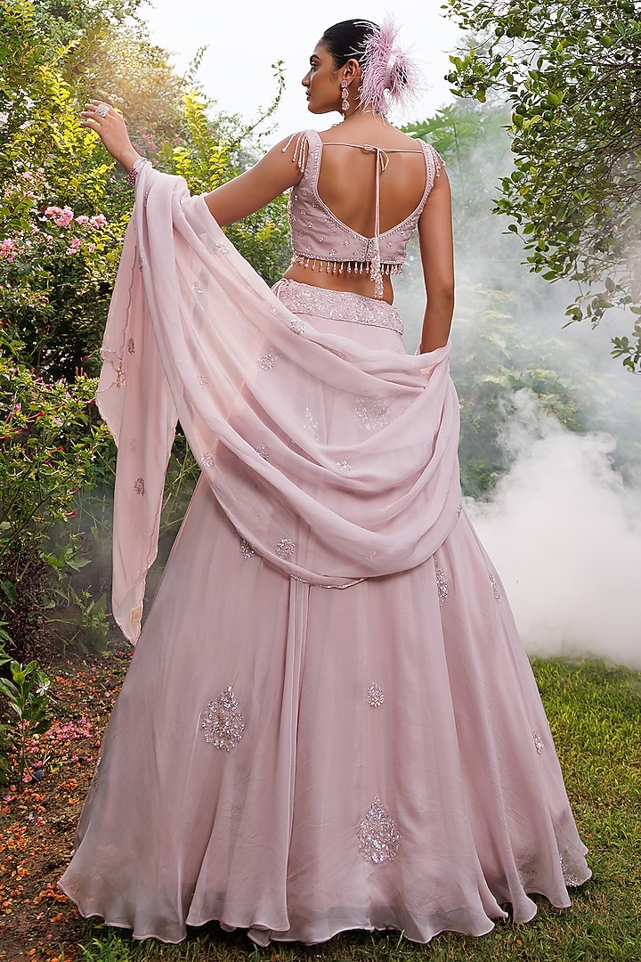 Lilac Organza Silver Stone Embroidered Wedding Lehenga Set by MeenaGurnam at Pernia's Pop Up Shop