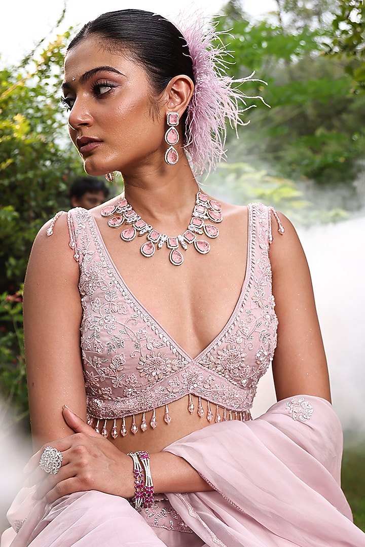Lilac Organza Silver Stone Embroidered Wedding Lehenga Set by MeenaGurnam at Pernia's Pop Up Shop