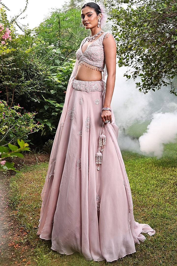 Lilac Organza Silver Stone Embroidered Wedding Lehenga Set by MeenaGurnam at Pernia's Pop Up Shop
