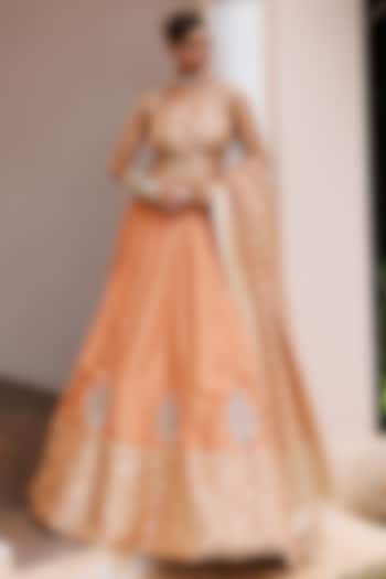 Rust Silk Jacquard Jaal Embellished Wedding Lehenga Set by MeenaGurnam at Pernia's Pop Up Shop