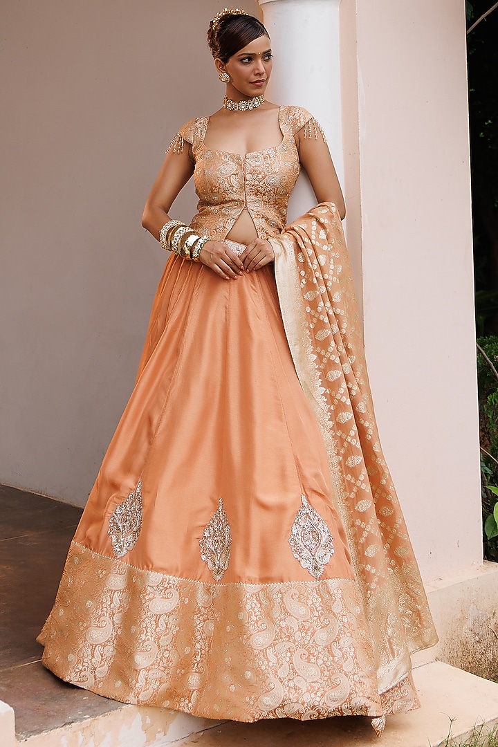 Rust Silk Jacquard Jaal Embellished Wedding Lehenga Set by MeenaGurnam at Pernia's Pop Up Shop