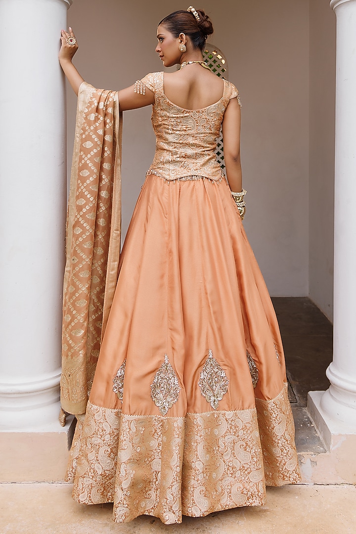 Rust Silk Jacquard Jaal Embellished Wedding Lehenga Set by MeenaGurnam at Pernia's Pop Up Shop