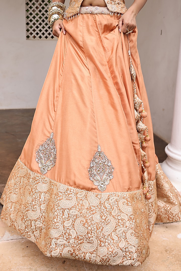 Rust Silk Jacquard Jaal Embellished Wedding Lehenga Set by MeenaGurnam at Pernia's Pop Up Shop