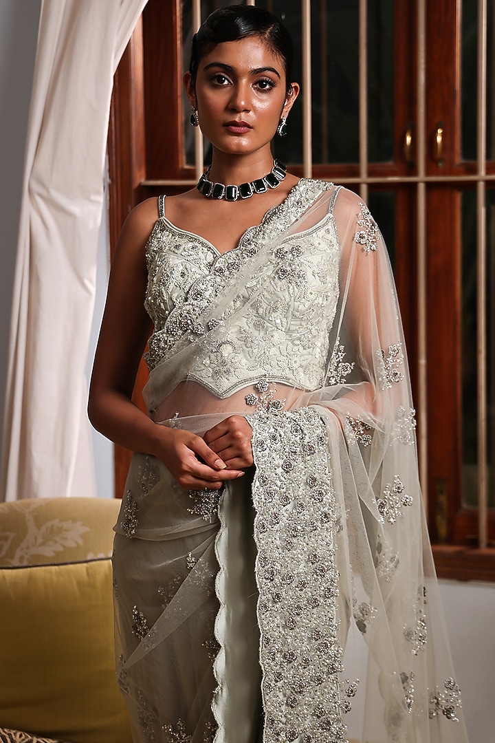 Pista Green Net Floral Embroidered Party Wear Saree Set by MeenaGurnam at Pernia's Pop Up Shop