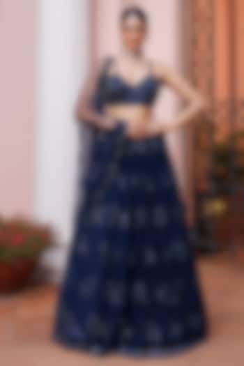 Navy Blue Net Floral Motif Embroidered Wedding Lehenga Set by MeenaGurnam at Pernia's Pop Up Shop