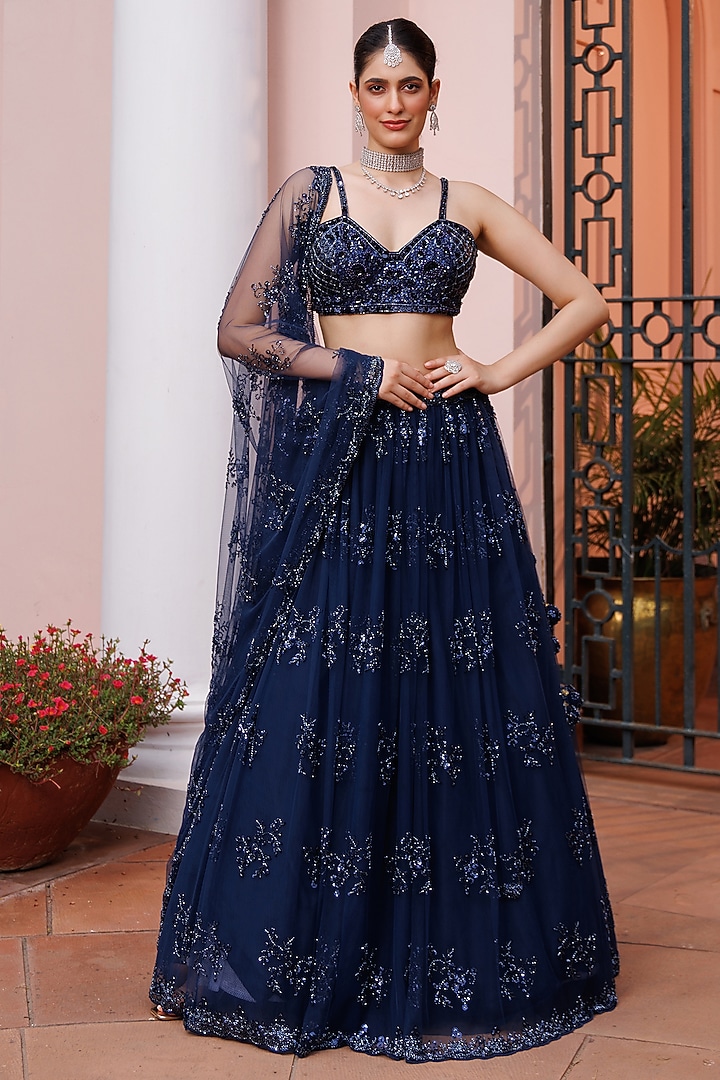 Navy Blue Net Floral Motif Embroidered Wedding Lehenga Set by MeenaGurnam at Pernia's Pop Up Shop