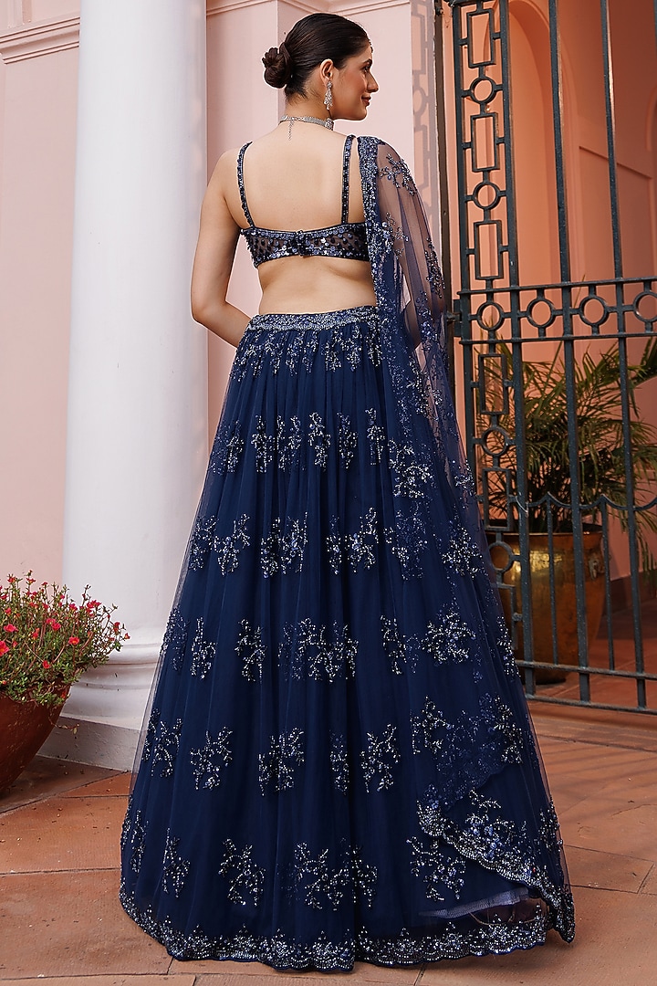 Navy Blue Net Floral Motif Embroidered Wedding Lehenga Set by MeenaGurnam at Pernia's Pop Up Shop