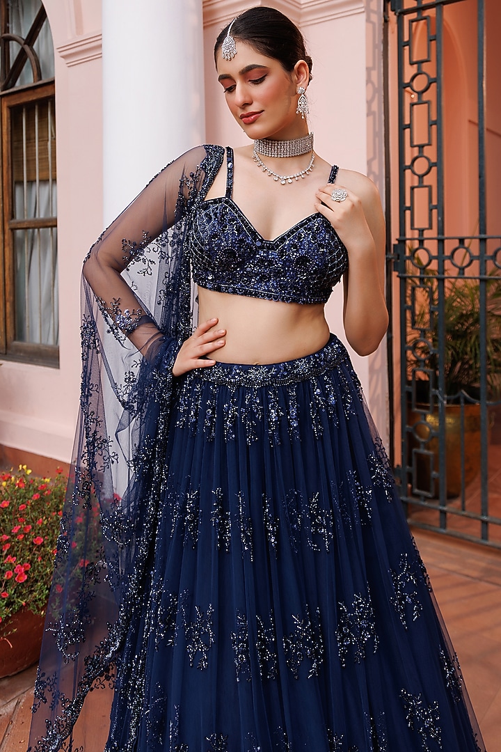 Navy Blue Net Floral Motif Embroidered Wedding Lehenga Set by MeenaGurnam at Pernia's Pop Up Shop