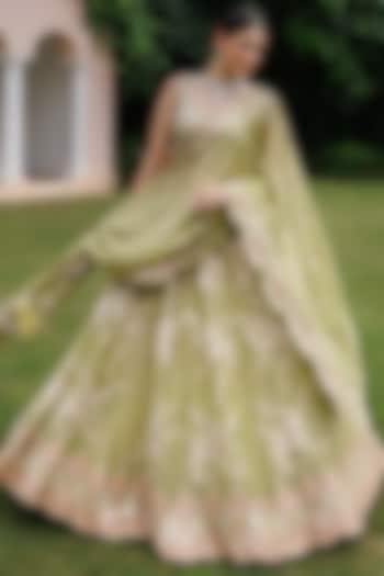 Bright Green Tissue Floral Embroidered Wedding Lehenga Set by MeenaGurnam at Pernia's Pop Up Shop