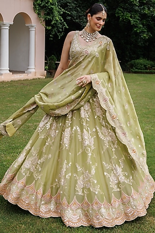 Bright Green Tissue Floral Embroidered Lehenga Set by MeenaGurnam