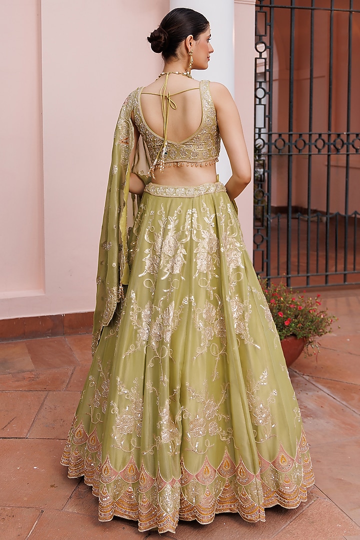 Bright Green Tissue Floral Embroidered Wedding Lehenga Set by MeenaGurnam at Pernia's Pop Up Shop