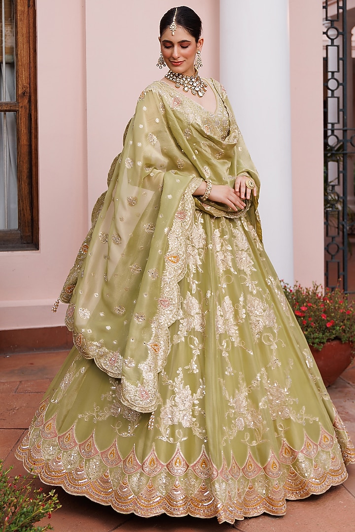 Bright Green Tissue Floral Embroidered Wedding Lehenga Set by MeenaGurnam at Pernia's Pop Up Shop