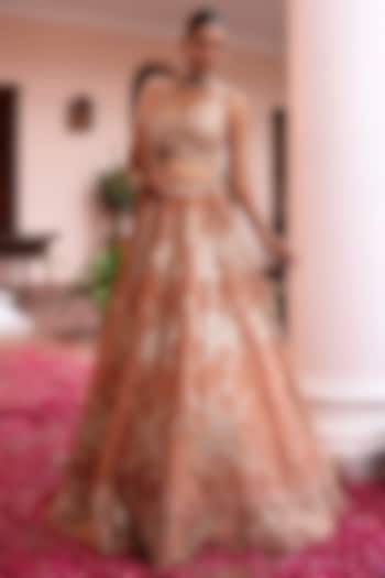 Rust Tissue Floral Embroidered Wedding Lehenga Set by MeenaGurnam at Pernia's Pop Up Shop