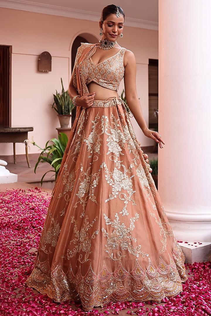 Rust Tissue Floral Embroidered Wedding Lehenga Set by MeenaGurnam at Pernia's Pop Up Shop