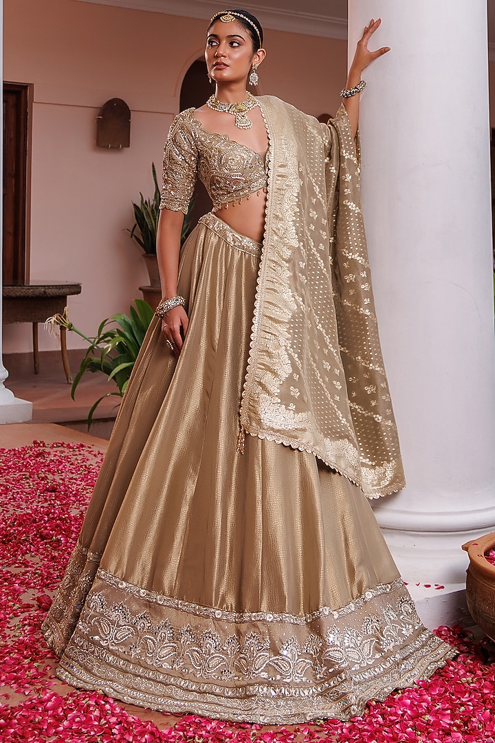 Sage Green Tissue Mirror Embroidered Wedding Lehenga Set by MeenaGurnam at Pernia's Pop Up Shop
