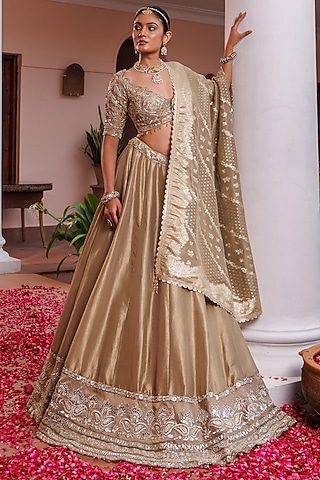 Sage Green Tissue Mirror Embroidered Lehenga Set by MeenaGurnam