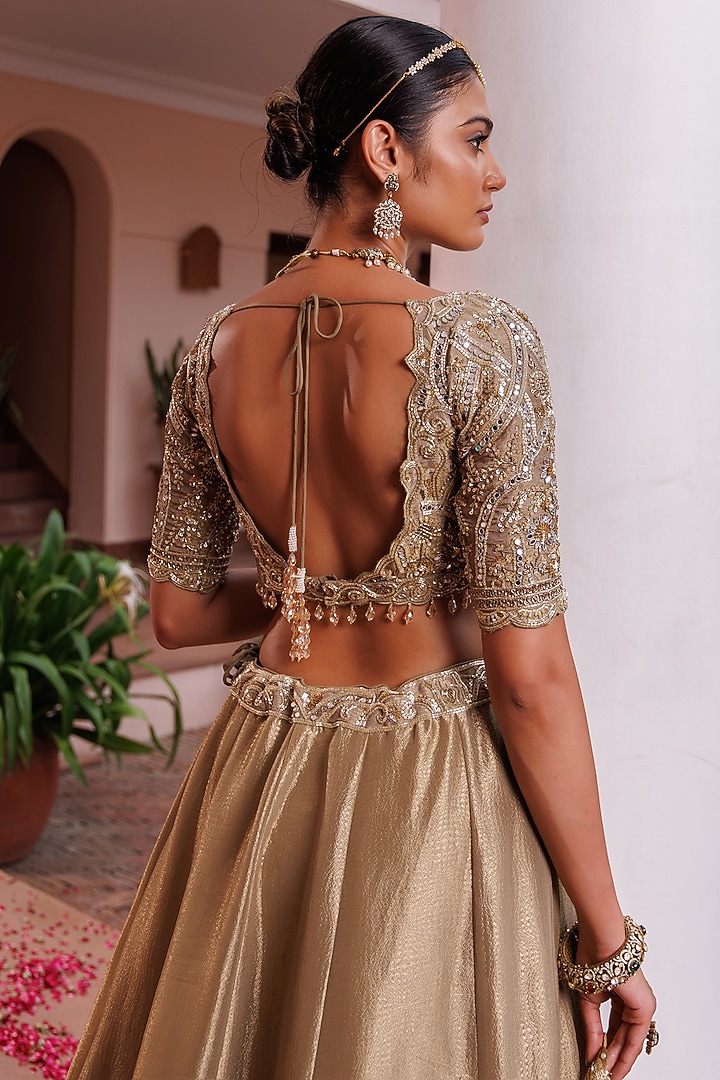 Sage Green Tissue Mirror Embroidered Wedding Lehenga Set by MeenaGurnam at Pernia's Pop Up Shop