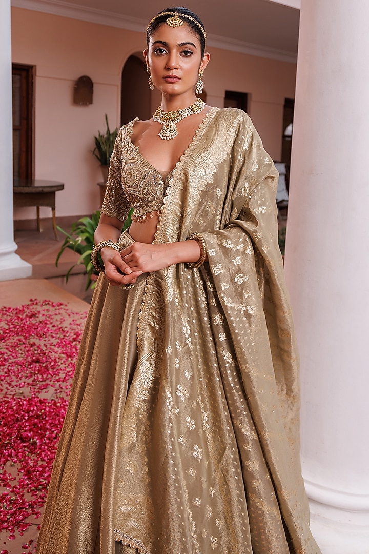 Sage Green Tissue Mirror Embroidered Wedding Lehenga Set by MeenaGurnam at Pernia's Pop Up Shop