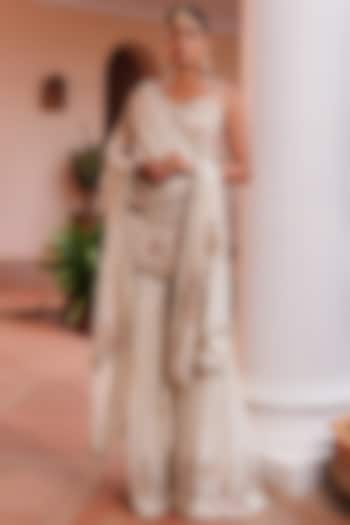 Golden Royal Chinon Floral Embroidered Wedding Sharara Set by MeenaGurnam at Pernia's Pop Up Shop