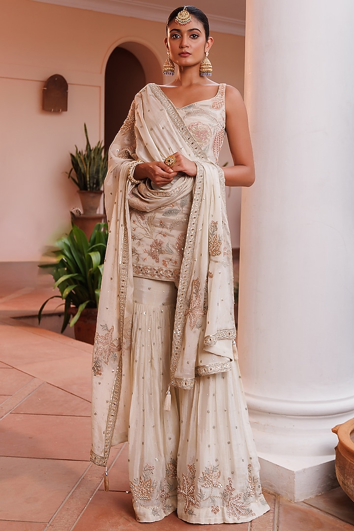 Golden Royal Chinon Floral Embroidered Wedding Sharara Set by MeenaGurnam at Pernia's Pop Up Shop