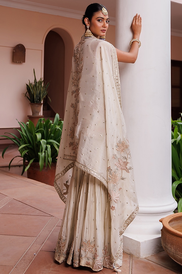 Golden Royal Chinon Floral Embroidered Wedding Sharara Set by MeenaGurnam at Pernia's Pop Up Shop