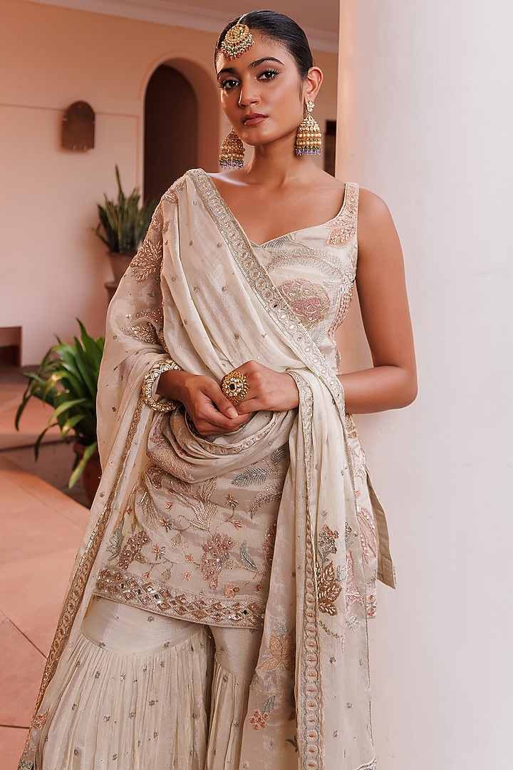 Golden Royal Chinon Floral Embroidered Wedding Sharara Set by MeenaGurnam at Pernia's Pop Up Shop