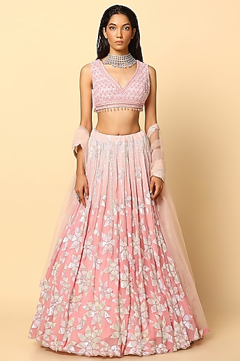 Rose Pink Viscose Georgette Sequins Embroidered Ombre Wedding Lehenga Set by MeenaGurnam at Pernia's Pop Up Shop