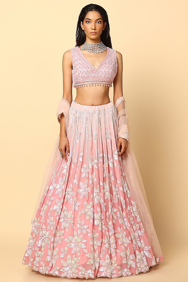 Rose Pink Viscose Georgette Sequins Embroidered Ombre Wedding Lehenga Set by MeenaGurnam at Pernia's Pop Up Shop