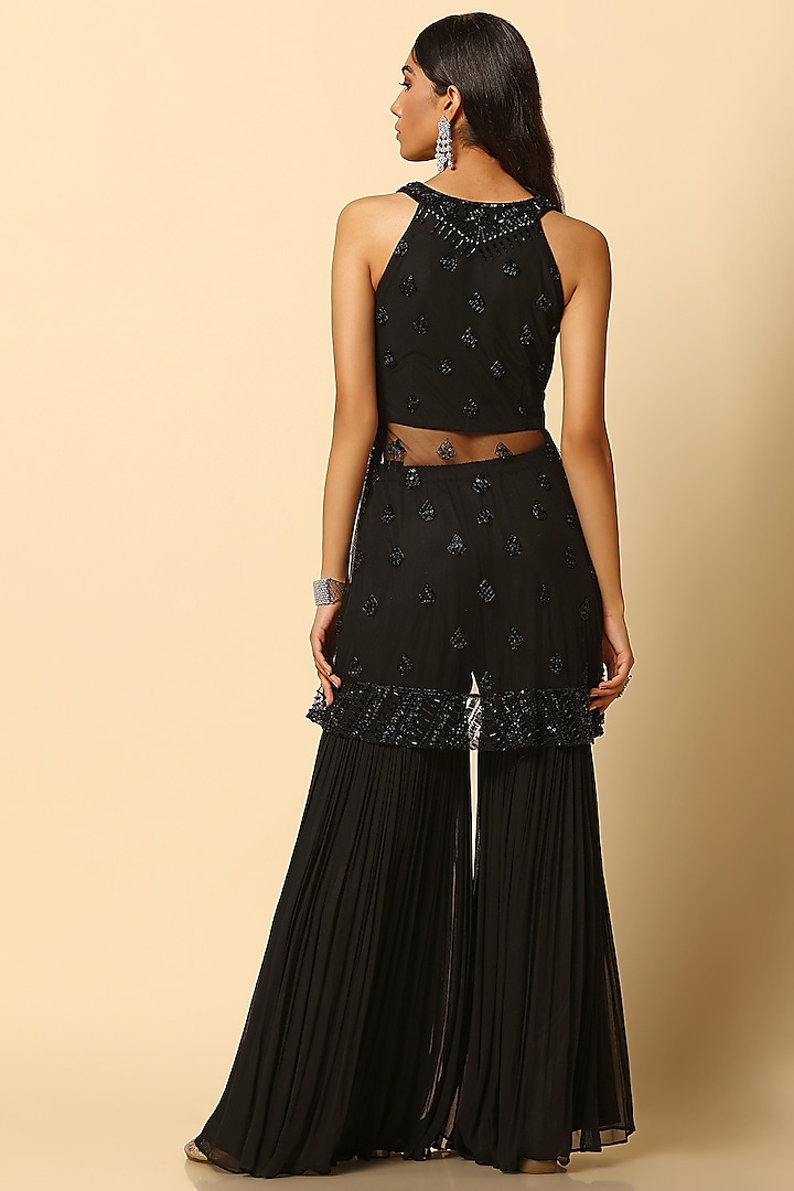 Black Viscose Georgette Wedding Sharara Set by MeenaGurnam at Pernia's Pop Up Shop