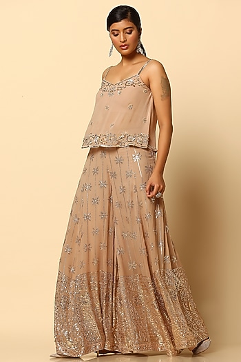 Champagne Georgette & Viscose Georgette Party Wear Sharara Set by MeenaGurnam at Pernia's Pop Up Shop