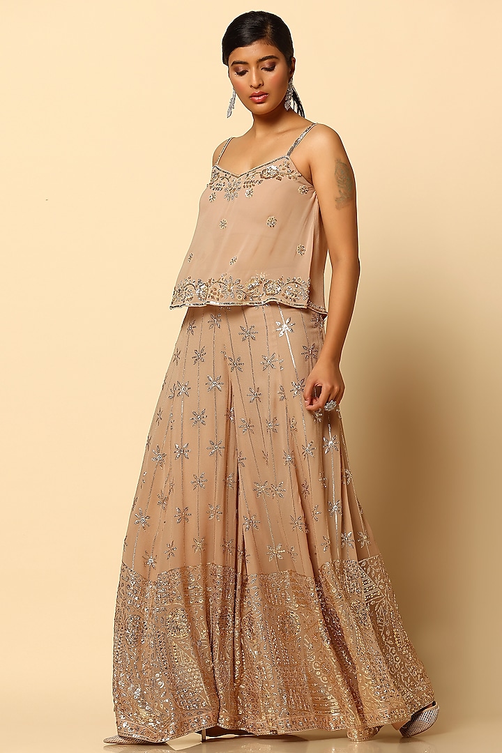 Champagne Georgette & Viscose Georgette Sharara Set by MeenaGurnam at Pernia's Pop Up Shop