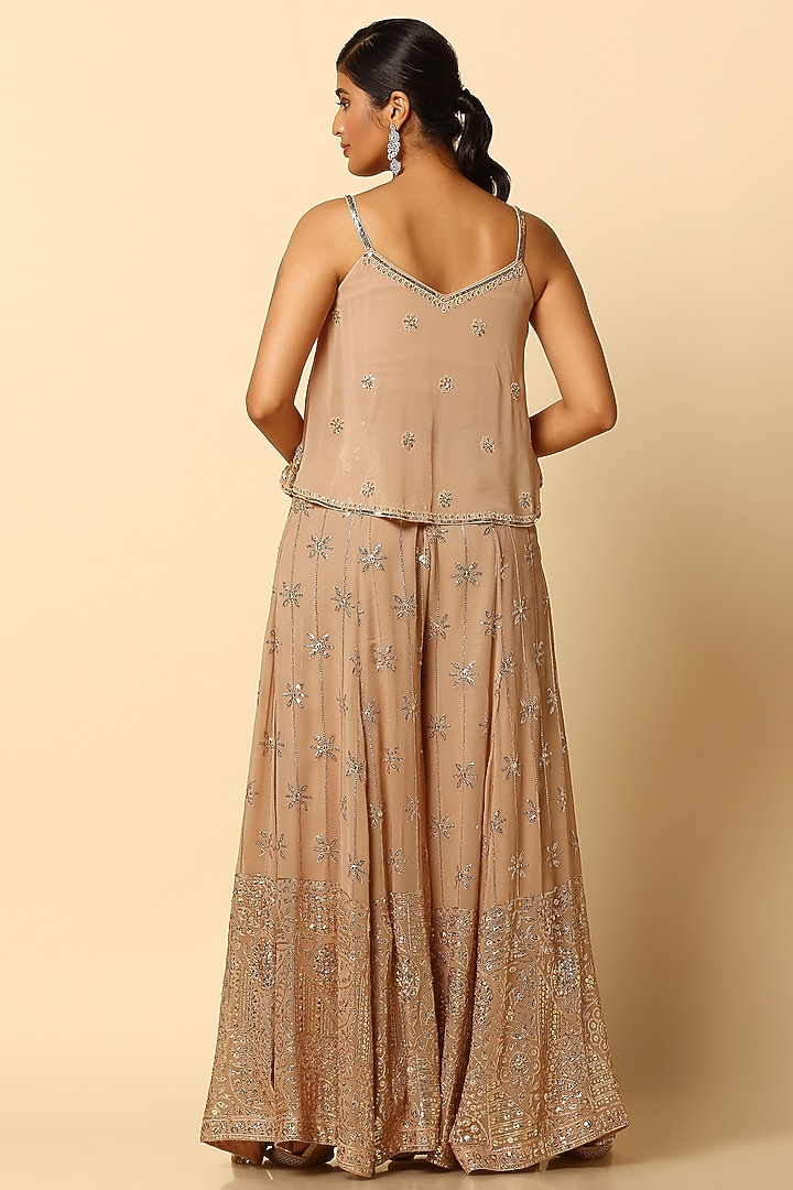Champagne Georgette & Viscose Georgette Party Wear Sharara Set by MeenaGurnam at Pernia's Pop Up Shop