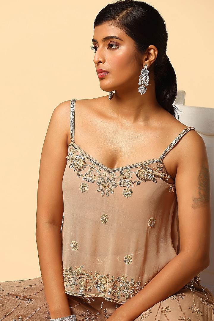 Champagne Georgette & Viscose Georgette Party Wear Sharara Set by MeenaGurnam at Pernia's Pop Up Shop