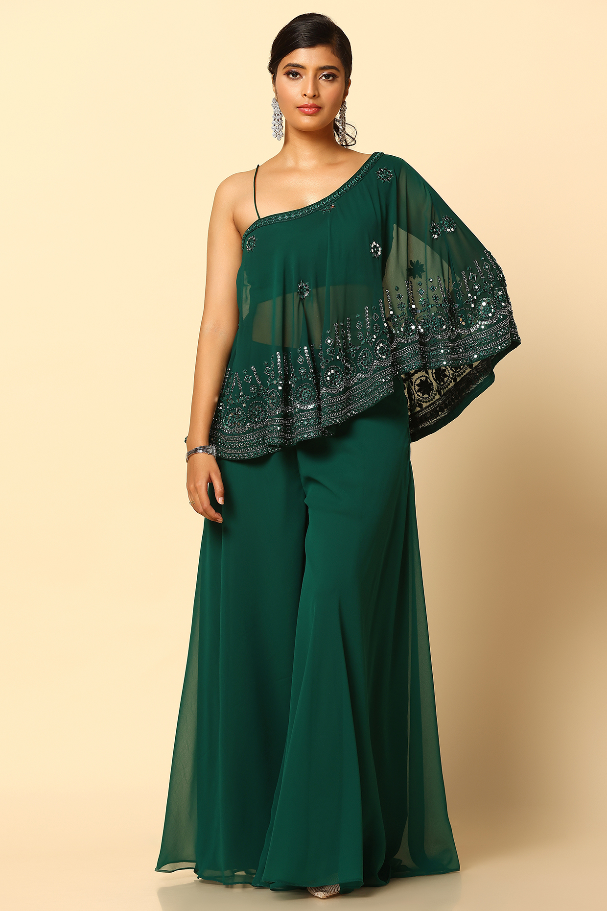 Bottle Green Viscose Georgette Wedding Sharara Set by MeenaGurnam at Pernia's Pop Up Shop