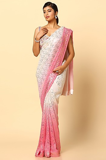 Pink Georgette & Net Ombre Sequin Embroidered Wedding Saree Set by MeenaGurnam at Pernia's Pop Up Shop
