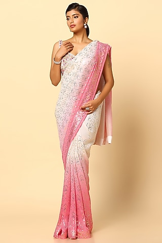 Pink Georgette & Net Ombre Sequin Embroidered Saree Set by MeenaGurnam