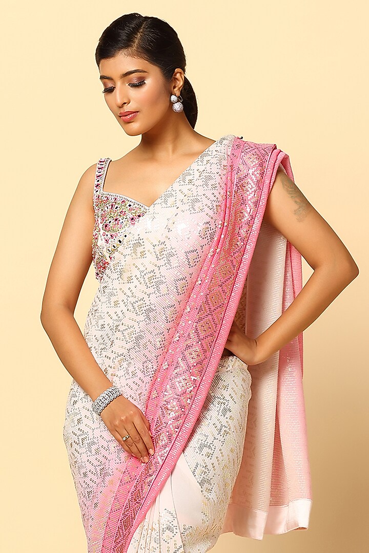 Pink Georgette & Net Ombre Sequin Embroidered Wedding Saree Set by MeenaGurnam at Pernia's Pop Up Shop