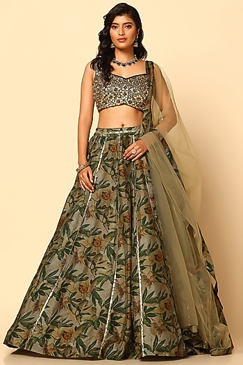Sap Green Silk Printed Wedding Lehenga Set by MeenaGurnam at Pernia's Pop Up Shop
