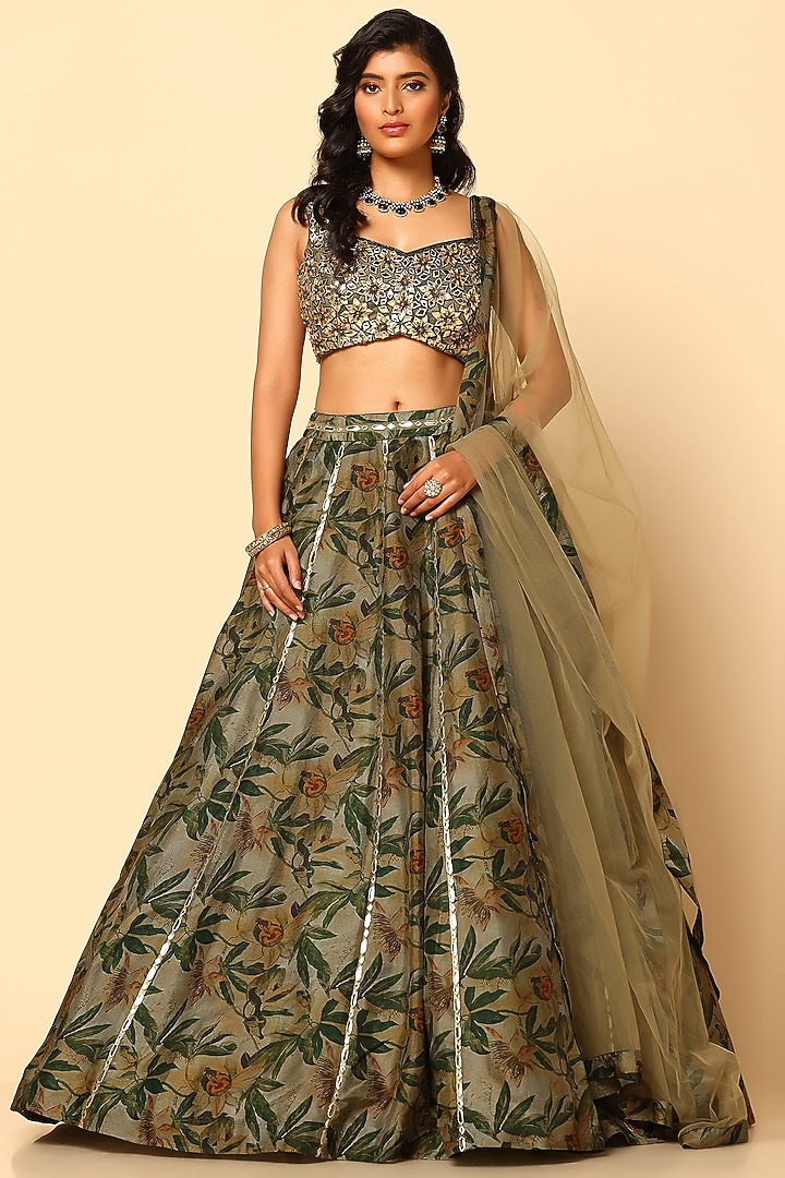 Sap Green Silk Printed Wedding Lehenga Set by MeenaGurnam at Pernia's Pop Up Shop