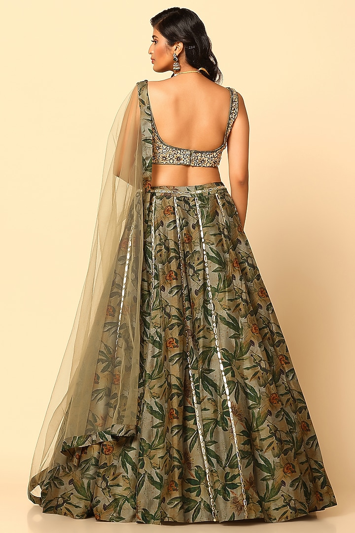 Sap Green Silk Printed Wedding Lehenga Set by MeenaGurnam at Pernia's Pop Up Shop