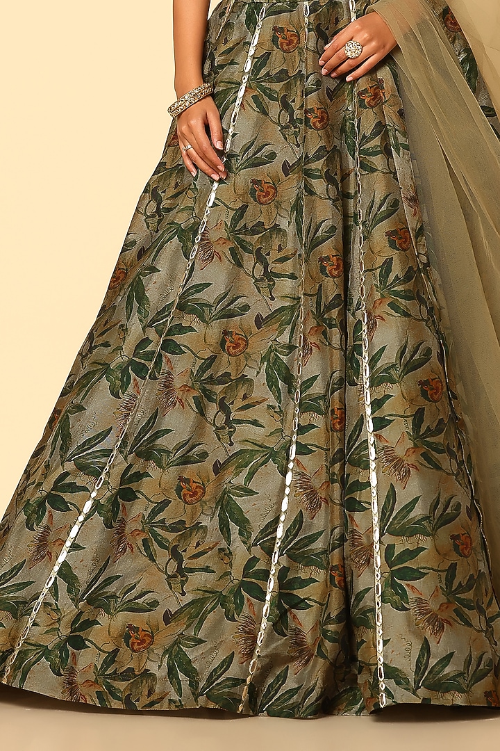 Sap Green Silk Printed Wedding Lehenga Set by MeenaGurnam at Pernia's Pop Up Shop