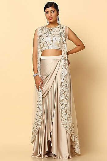 Ivory Imported Satin Draped Skirt Set by MeenaGurnam at Pernia's Pop Up Shop