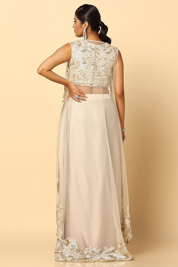 Ivory Imported Satin Draped Skirt Set by MeenaGurnam at Pernia's Pop Up Shop