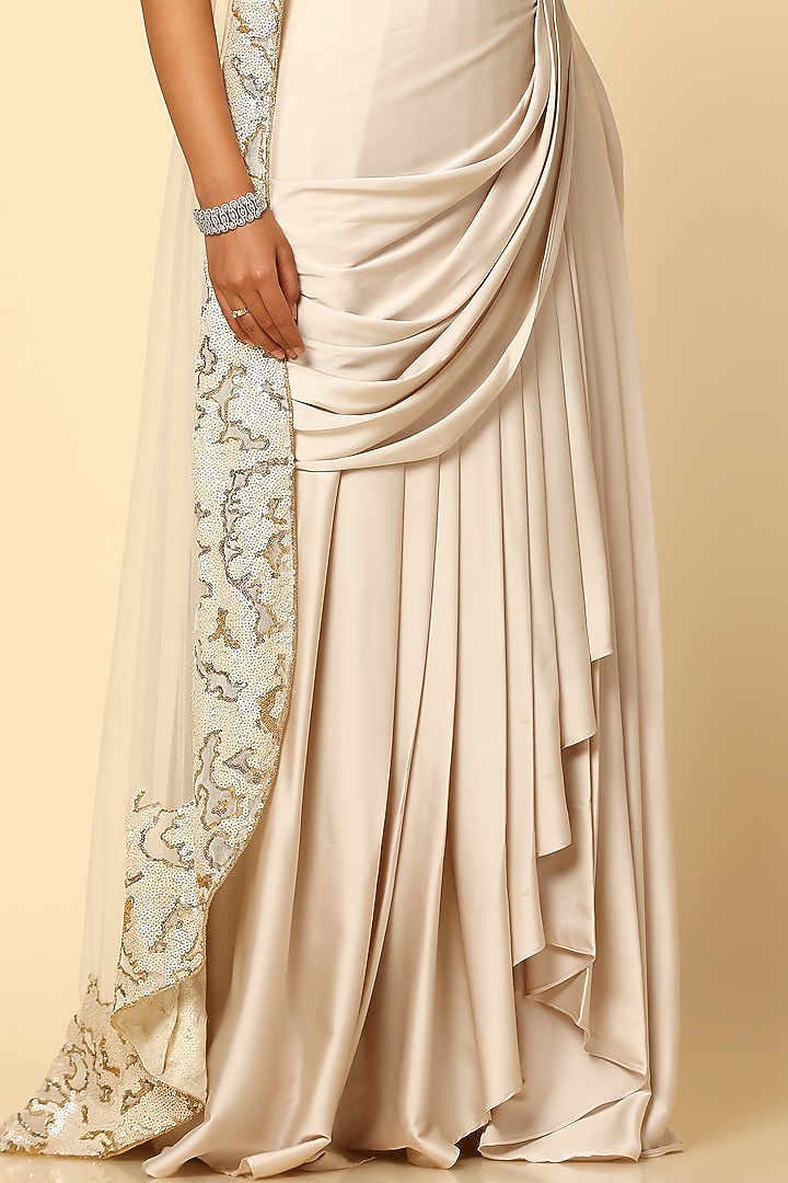 Ivory Imported Satin Draped Skirt Set by MeenaGurnam at Pernia's Pop Up Shop