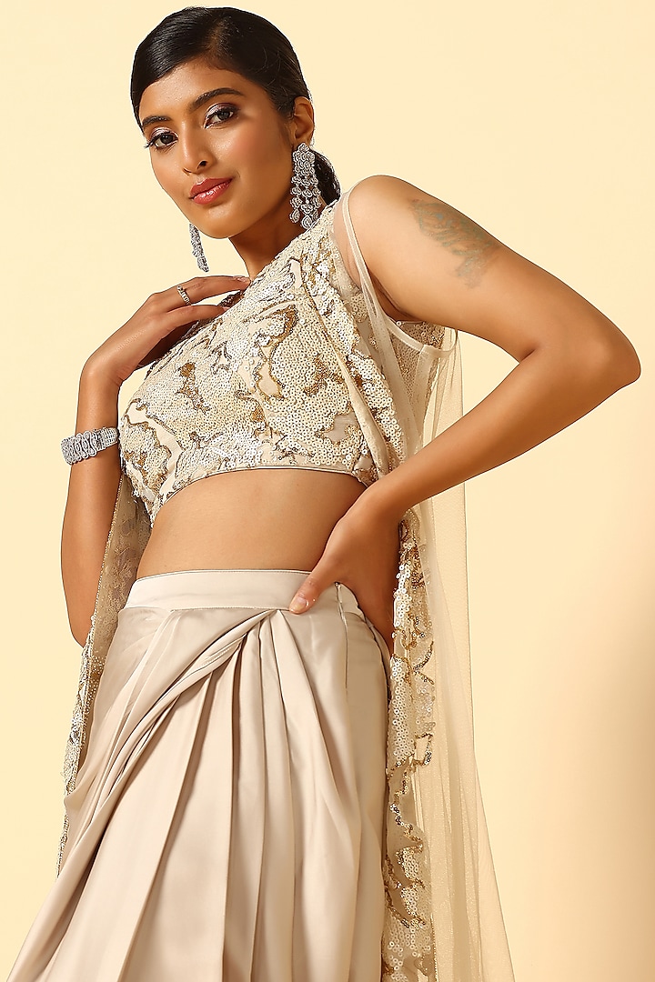 Ivory Imported Satin Draped Skirt Set by MeenaGurnam at Pernia's Pop Up Shop