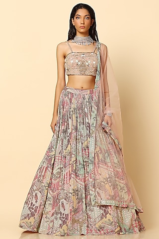 Multi-Colored Net Printed Lehenga Set by MeenaGurnam