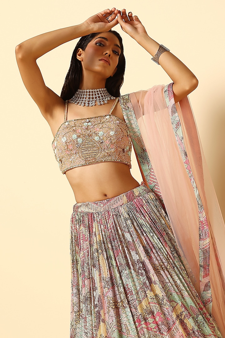 Multi-Colored Net Printed Wedding Lehenga Set by MeenaGurnam at Pernia's Pop Up Shop